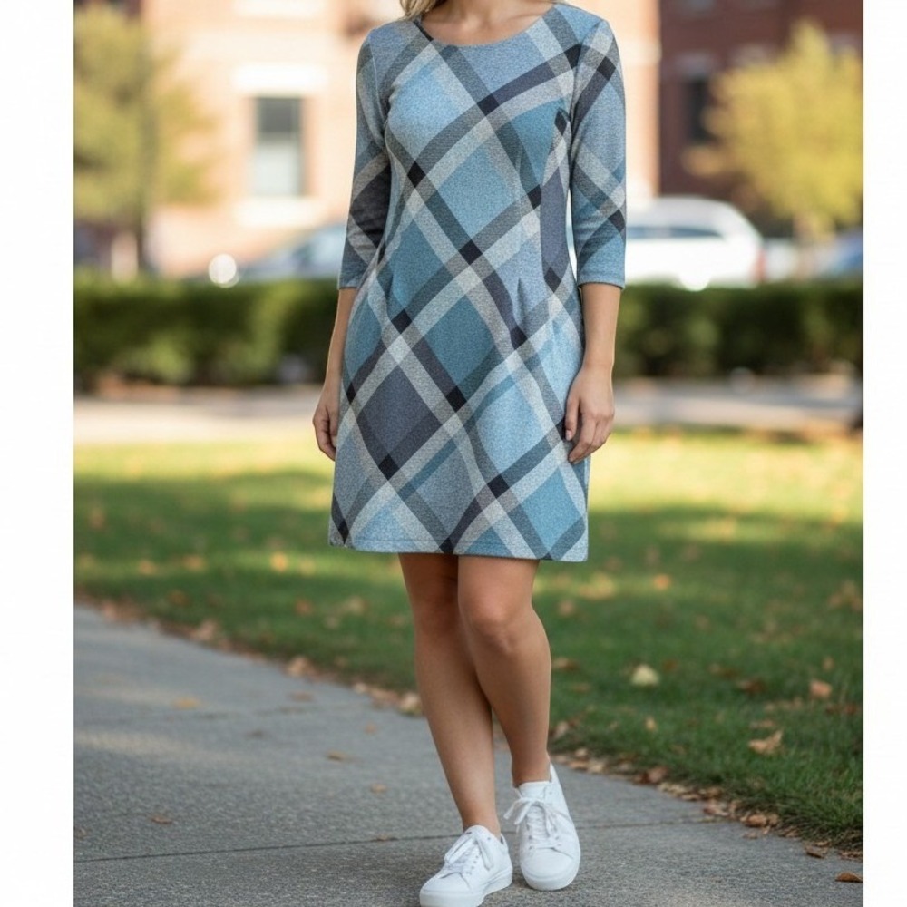 Connected Apparel Blue Grey Plaid Pockets Sheath Dress 10